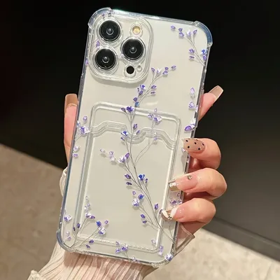 Transparent Card Holder Phone Case For iPhone 15 Pro Max Cases iPhone 11 12 13 14 16 XS X XR 7 8 Plus Plum Blossom Pattern Cover