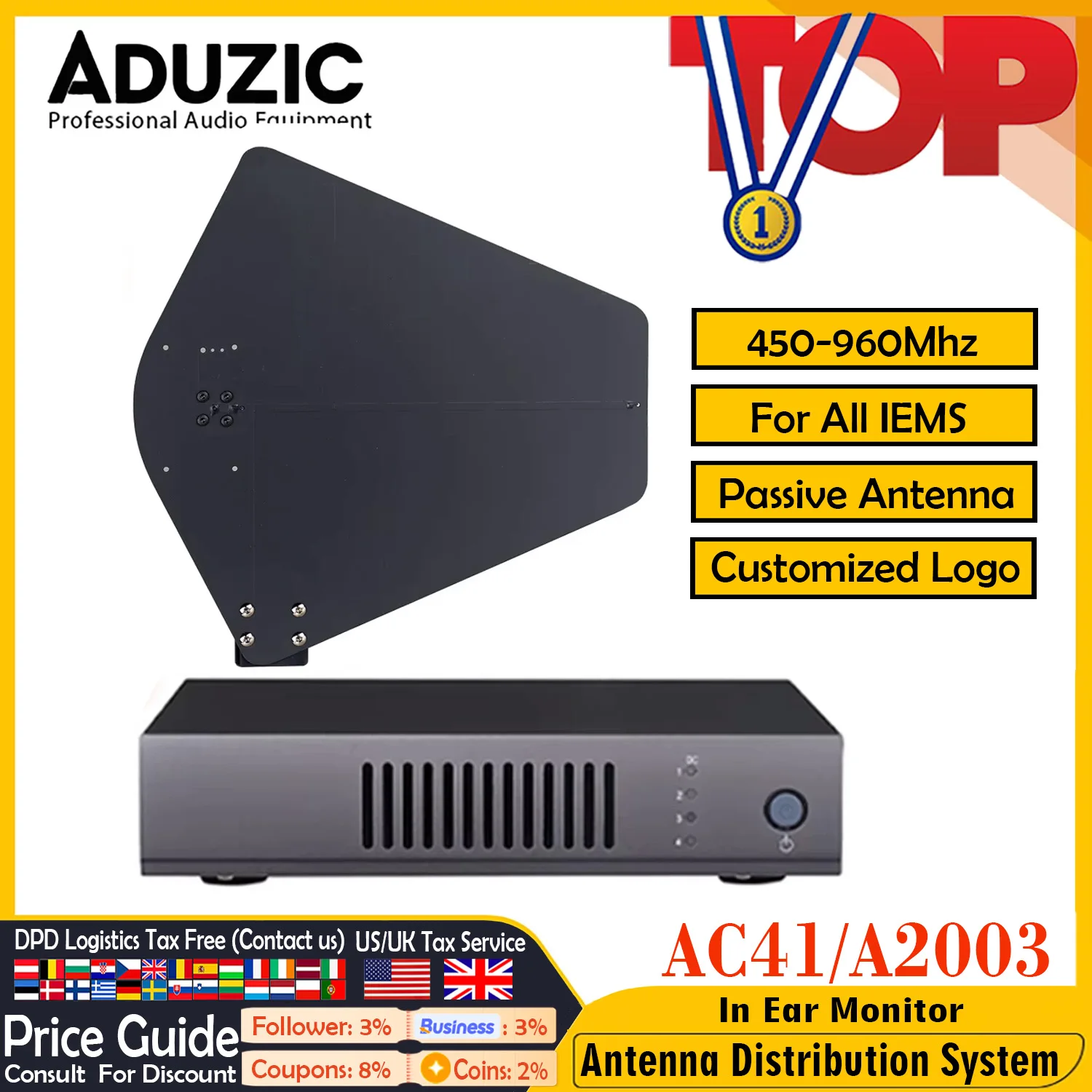 Aduzic Antennenkombinator für IEM Wireless In Ear Monitor Signal Booster Innear Passives Antennenverteilungssystem AC41 A2003 Image