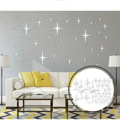 42 Stück 3D-Acryl-Wandaufkleber mit abnehmbarem Spiegel und Sternen, geeignet für Zuhause, Schlafzimmer, Wohnzimmer, Kinderzimmer, Dekoration Image
