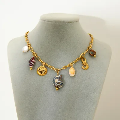 Stylish Ocean Style Conch Lobster Pearl Pendant Handmade Necklace Summer Vacation 18K Gold Plated Stainless Steel Jewelry