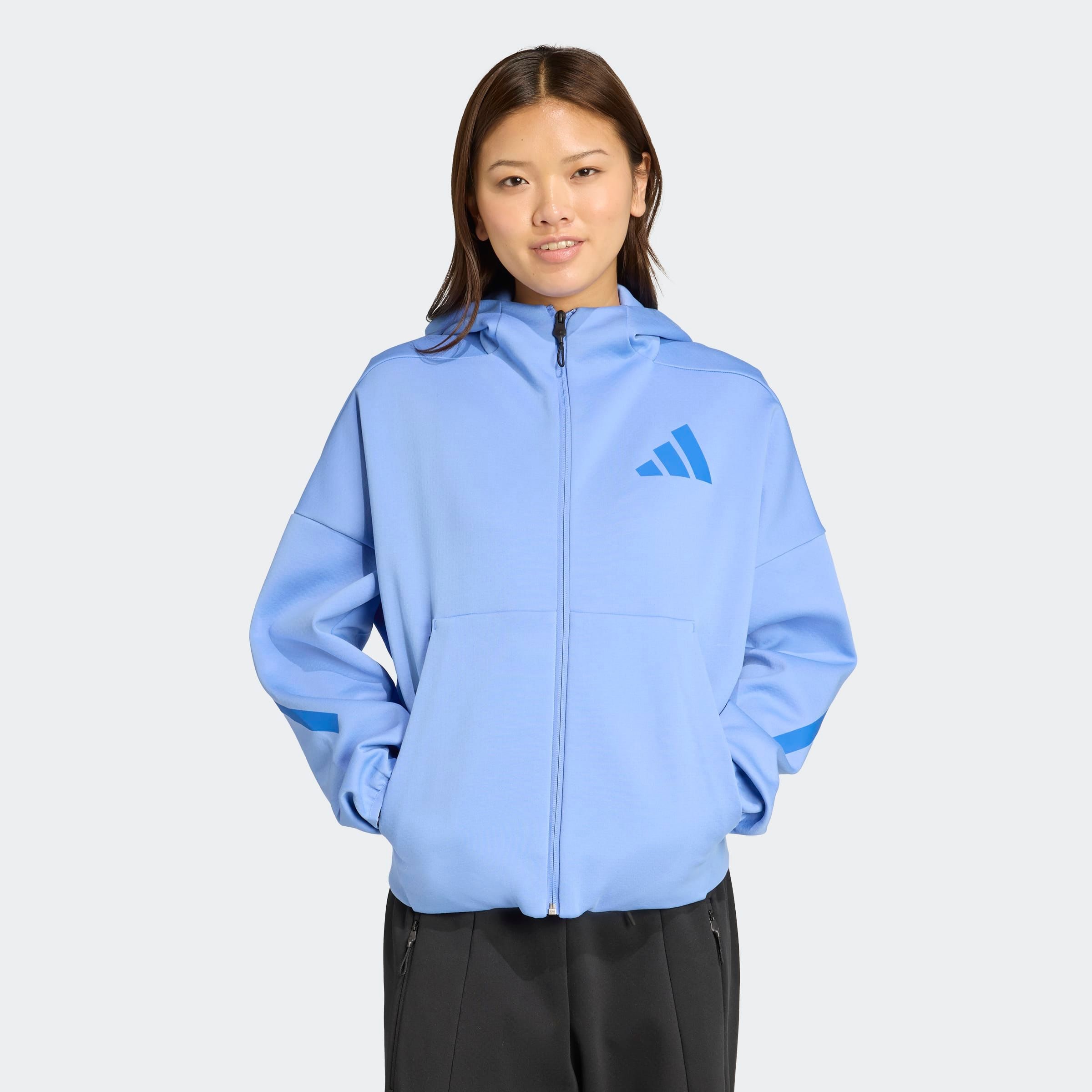 Kapuzensweatshirt ADIDAS SPORTSWEAR "W Z.N.E. FZ", Damen, Gr. XS, blau (blau fusion), Obermaterial: 57% Polyester, 43% Baumwolle, Sweatshirts