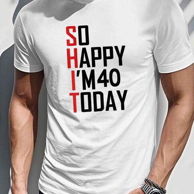 "TEMU Men's ""so ' Today"" T-shirt, Casual Crew Neck, Geometric Pattern, Regular Fit, 100% Polyester Knit Fabric, Stretch, Summer Top - Black"