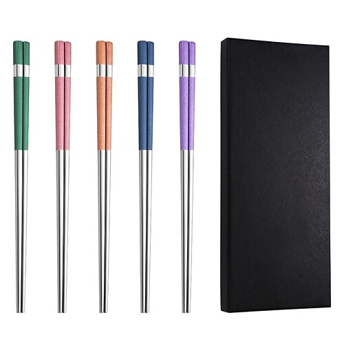 5 Paar Essstäbchen, wiederverwendbare Essstäbchen aus Edelstahl 304, mehrfarbige Anti-Rutsch-Essstäbchen, wärmeisolierte und verbrühungshemmende Essstäbchen Image