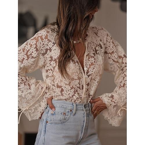 Damen Oberteil mit Spitzenspleiß Einfarbig Stilvoll Lässig Langarm V Ausschnitt Normale Oberteile Täglich Spitze Patchwork Beige Sommer Frühling