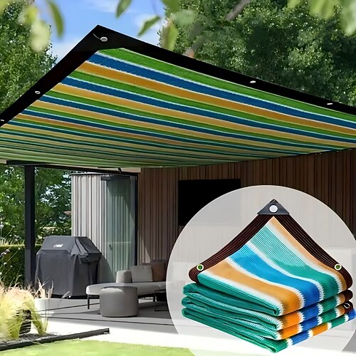 Sonnenschutznetz, hochdichtes, atmungsaktives, bunt gestreiftes, strapazierfähiges Sonnenschutztuch aus Kunststoff für Terrasse, Picknick, Carport, Garten, Verandamarkise