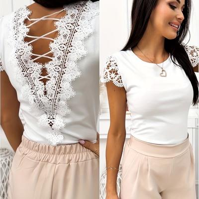 TEMU Elegant White Lace-trimmed Blouse With Decorative Back Detail - Short Sleeve, Crew Neck, Lightweight Polyester, Spring/summer, Ladies Blouses Image