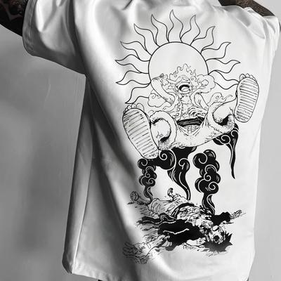 TEMU Men's Artistic Sun & Contemplative Figure Graphic T-shirt - White Casual Short Sleeve Round Neck Tee, Regular Fit, Machine Washable, Versatile Casual Attire For Image
