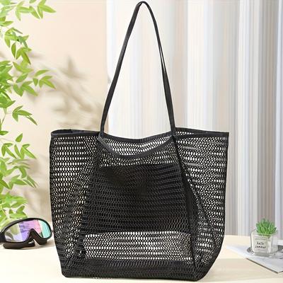 TEMU 3 Colors - Brown, Beige, Black Beach Nylon Mesh Tote Bag, Casual Foldable .08 Gallon Shoulder Backpack, Suitable For And Vacation Image