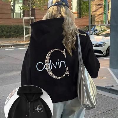 TEMU Women's Casual With Zipper Pocket - Black, Long Sleeve, Fall/winter Style, Zippered Hoodie|graphic Hoodie|zippered Hoodie Image