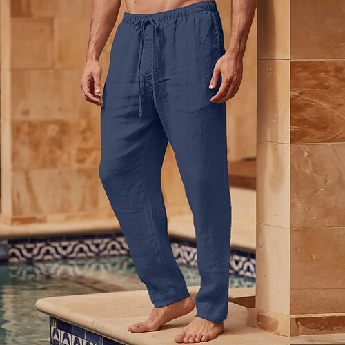 Herren Leinenhosen Hose Sommerhose Strandhose Kordelzug Elastischer Bund Einfach Atmungsaktiv Leicht Volle Länge Outdoor Täglich Ferien Urlaub Mode Schwarz Weiß Image