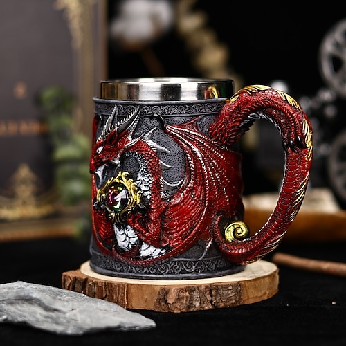 Mittelalterlicher Drachen-Bierkrug, Oktoberfest-Geschenkbecher, 3D-geprägte Edelstahl-Kaffeetasse, Oktoberfest-Geschenk für Männer, Retro-Teekrug, hochästhetischer Wasserbecher Image