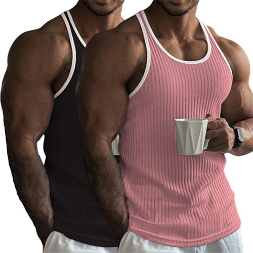 Herren Tank Top Muskelshirt Unterhemd Ärmellos Rundhalsausschnitt Sommer Farbblock Grubenstreifen Mode Designer Sportlich 2 teilig Mehrfachpackung Outdoor Lässig Ausgehen Weiss Rosa Rosa / Grau Image