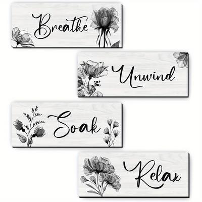 TEMU 4pcs Bathroom Wall Farmhouse Decor Sign Relax Soak Breathe Hanging Sign For Home Spa Bathroom Laundry Decor 4*10inches Image