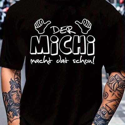 TEMU Der Dat Schon Men's Casual T-shirt - Black With White Graphic Print, Regular Fit Round Neck, , Hand Wash/ Image