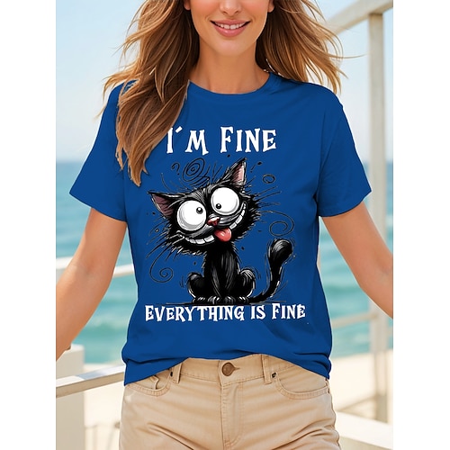 Damen T Shirt Druck Grafik Tiermotiv Katze Vintage Stilvoll Klassisch Kurzarm Rundhalsausschnitt Rundhals Normale Oberteile Täglich Wochenende Blau Schwarz Weiß Rote Purpur Sommer Frühling Image