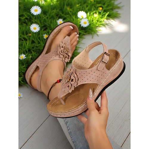 Bequeme Sandalen für Damen mit Blumenverzierung – lässige T-Riemen-Sandalen mit weicher Sohle für Damen, ideal für Gartenspaziergänge, Picknicks und tägliche Besorgungen. Image