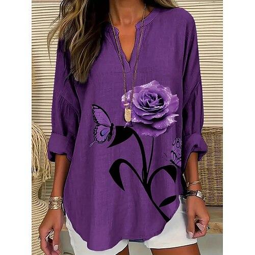 Damen Bluse Blumen Schmetterling Stilvoll Modern Langarm V Ausschnitt Normale Oberteile Täglich Ferien Druck Schwarz Purpur Sommer