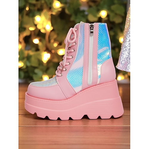 Rosa Plateau-Kampfstiefel für Damen, holografische Schnürstiefeletten mit klobigem Absatz und seitlichem Reißverschluss, mutiger Streetstyle für Nachtleben- und Party-Outfits Image