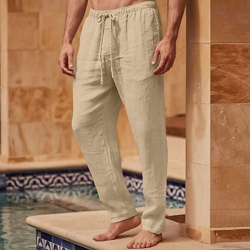 Herren Leinenhosen Hose Sommerhose Strandhose Kordelzug Elastischer Bund Einfach Atmungsaktiv Leicht Volle Länge Outdoor Täglich Ferien Urlaub Mode Schwarz Weiß Image