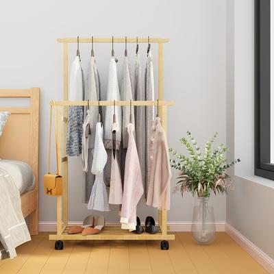 TEMU Wooden Clothes Rack: Freestanding Garment Organizer Stand On Wheels With High And Low Hanging Rod For Bedroom, Living Room Image