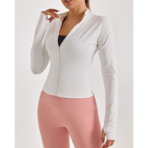 Damen Sportjacke Pilatesjacke Yogajacke Stehkragen Sonnenschutz Elastisch Atmungsaktiv Fingermäntel Langarm Sport Einfarbig Jacke Für Pilates Laufen Fitness Sportkleidung Image
