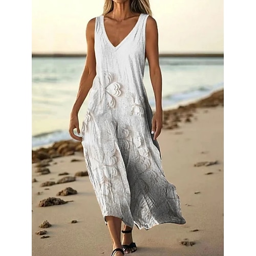 Damen Langes Kleid Maxikleid Freizeitkleid Trägerkleid Sommerkleid afrikanisch Täglich Strand Ferien Normale Passform Blumen Ärmellos V Ausschnitt Weiß Purpur Grün Dunkelviolett Sommer Image