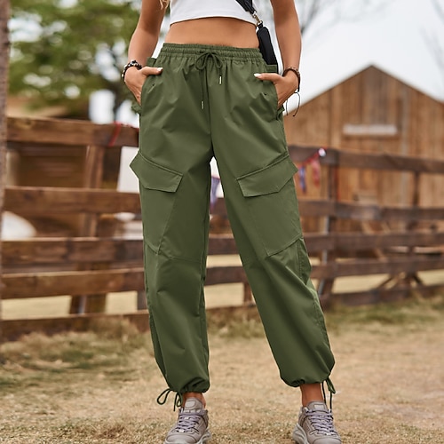 Damen Cargo-Hosen Stoffhosen Streetwear Lässig Volle Länge Natürliche Taille Einfach Tasche Elastisches Kordelzugdesign Bequem Außenbereich Sport Outdoor Straße Ferien Schwarz Armeegrün Khaki Sommer Image