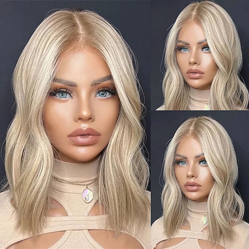 Remy Echthaar 5x5 Verschluss 13x4 Spitzenfront Perücke Kurzer Bob Brasilianisches Haar Gewellt Blond Perücke 130% 150% Haardichte mit Babyhaaren Hervorgehobenes / Balayage-Haar 100% Unbehandelt Image