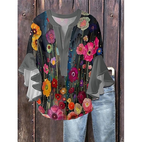 Damen Bluse Rüsche Druck Blumen Stilvoll Modern Dreiviertelarm V Ausschnitt Normale Oberteile Täglich Ferien Blau Schwarz Grün Aprikose Sommer Image