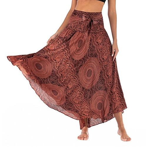 Damen Rock A-Linie Schwingend Lässig Boho Maxi Hohe Taille Röcke Blumen Druck Mikroelastisch Urlaub Ferien Schwarz Blau Orange Grün Sommer Polyester