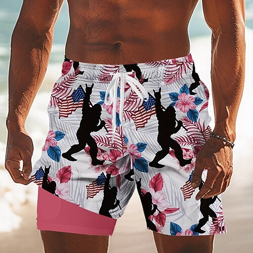 Amerikas 250. Jubiläum Unabhängigkeitstag Herren US-Flagge Patriotische Tropische Pflanzen Lined Shorts 2 in 1 Board Shorts Schwimmshorts Mittelgröße Urlaub Seitentaschen mit Kompressionsfutter Image