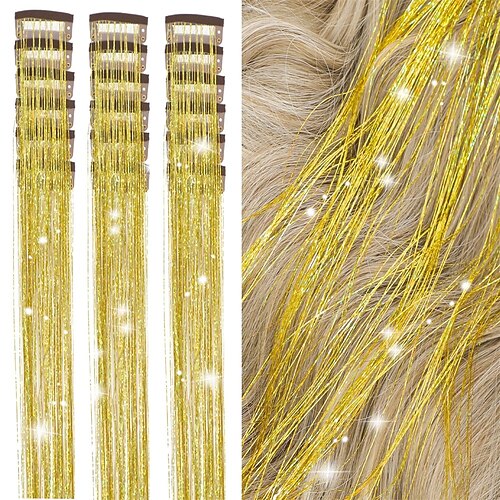 Haar-Lametta-Set, 18-teilig, Haar-Lametta zum Anklipsen, 49,4 cm, Glitzer-Lametta-Haarverlängerungen, hitzebeständig, Haar-Lametta zum Anklipsen, funkelnde Feen-Haar-Accessoires für Kinder, Mädchen Image