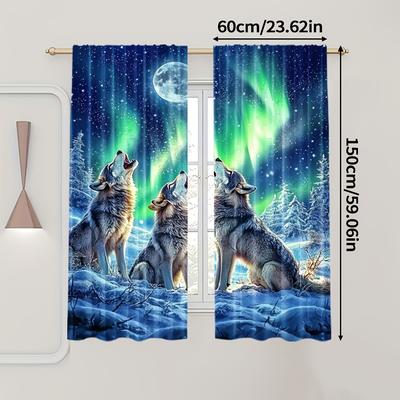 TEMU 2pcs Wolves & Curtain Set - Machine Washable, Light-filtering Polyester, Rod For Easy Hanging - Ideal For Bedroom & Living Room Decor, Curtains For Living Room Image