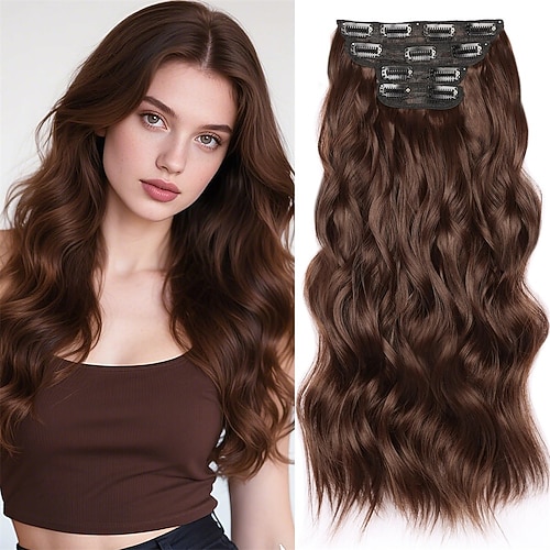 Clip-in-Haarverlängerungen für lockiges Haar, 4 Stück, langes, gewelltes Haar, gemischtes Braun, synthetische Clip-in-Verlängerungen, 55,9 cm, für Frauen # gemischtes Braun blond Image