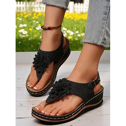 Bequeme Sandalen für Damen mit Blumenverzierung – lässige T-Riemen-Sandalen mit weicher Sohle für Damen, ideal für Gartenspaziergänge, Picknicks und tägliche Besorgungen. Image