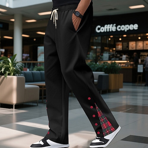 Herren Sporthose Jogginghose Hose Tasche Kordelzug Elastischer Bund Karomuster Patchwork Komfort Sport im Freien Täglich Mode Lässig Schwarz Weiß Mikroelastisch Image