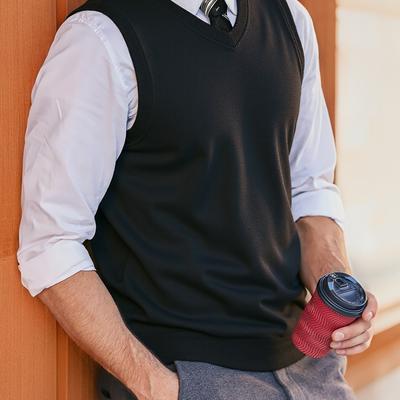 TEMU Men's Casual Sleeveless V-neck Knit Sweater Vest - Solid Color Regular Fit Spring/fall Layering Essential, Hand Washable, Seasonal Fashion, , Quality Image