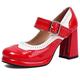 Gicoiz T Strap Mary Jane Ladies Block Heel Platform Pumps Round Toe Wedding Buckle Party Shoes Chunky High Heeled Red Size 4.5-38