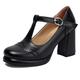 Gicoiz T Strap Mary Jane Ladies Block Heel Platform Pumps Round Toe Wedding Buckle Party Shoes Chunky High Heeled Black Size 2-35