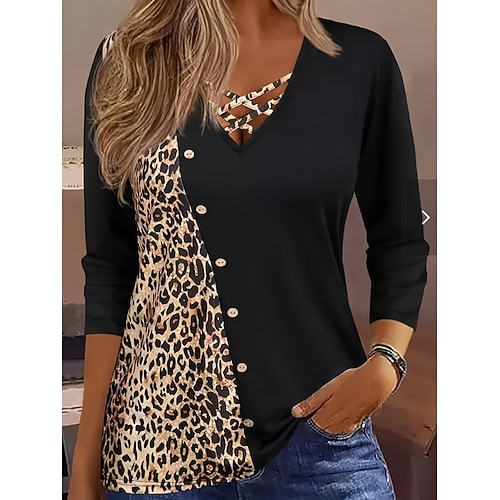 T-Shirt Donna Leopardo Stile Casual Manica Lunga Collo a V Top Regolari Giornalieri Stampa Patchwork Nera Estate Autunno