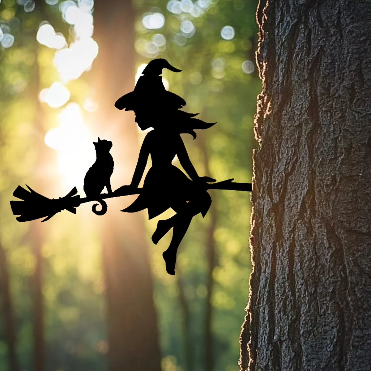 Décoration de jardin de sorcière et de chat enchanteresse – Art en fer durable avec balai volant, pour Halloween et extérieur, décoration de jardin extérieur