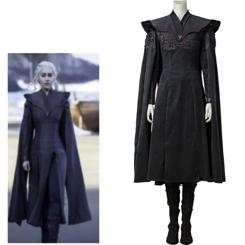 TV Daenerys Cosplay Kostüm Schwarz Damen Cape Kleid Hosenanzug Halloween Karneval Outfit Image