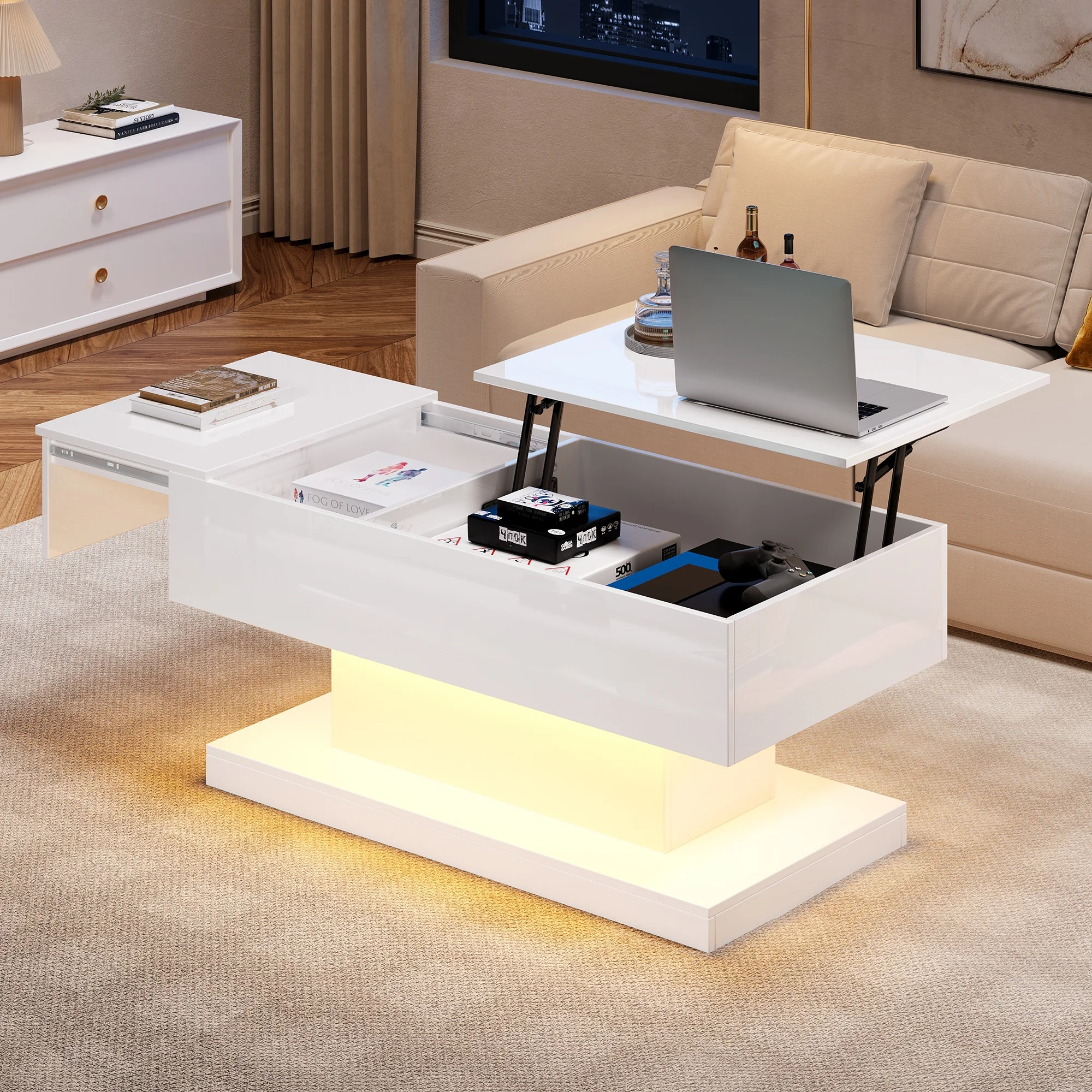 Table basse LED à finition brillante, table de canapé, table à café, 100x50x45 cm, éclairage LED, table semi-élévatrice, table d