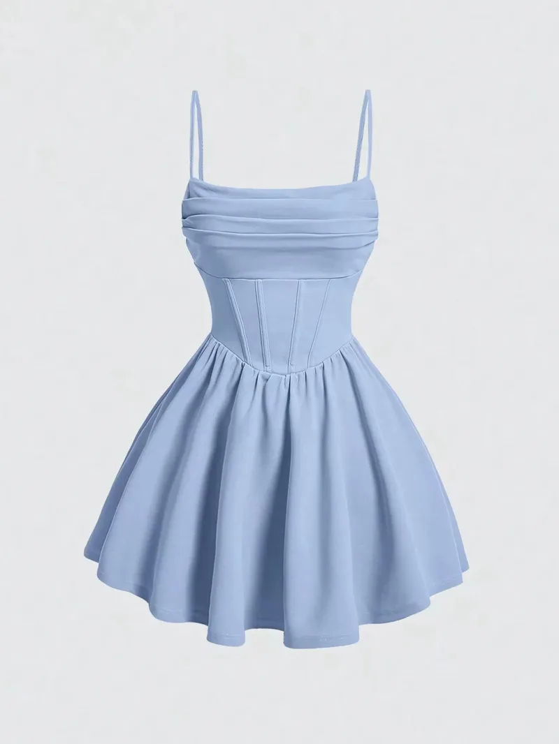 Damen A-Linie Mini Kurze Kleider Square Neck Ärmellos Solide Rot Elegant Party Sommer Sexy Milkmaid Plissee Kleider Süße MA87