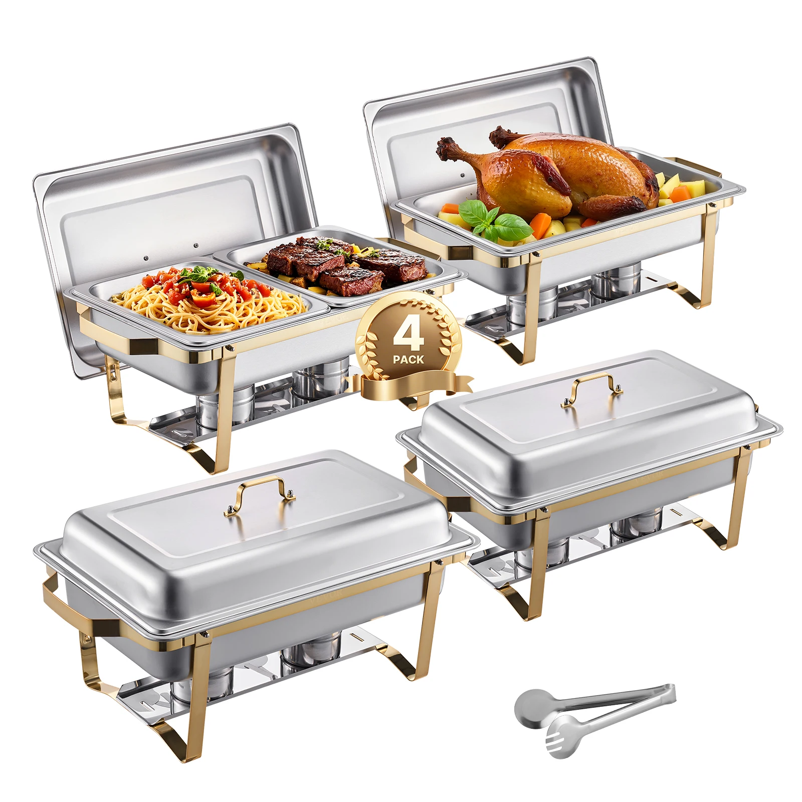 SucceBuy Set da buffet per scaldavivande da 8 Qt, confezione da 4, scaldavivande in acciaio inossidabile con 2 pentole a grandezza naturale e 4 metà, server scaldavivande per catering