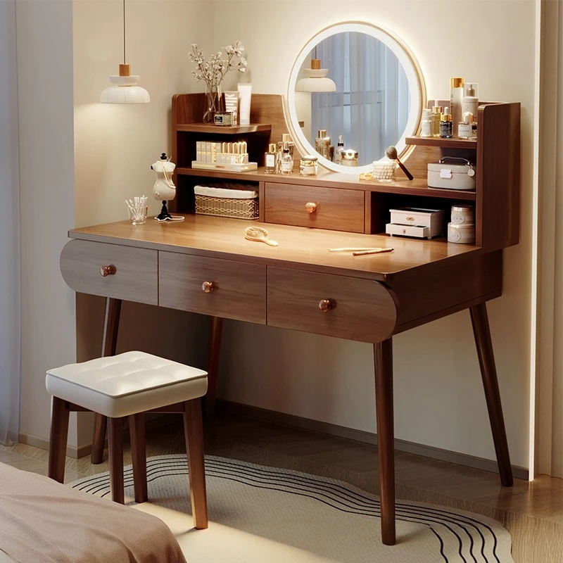 Schminktisch, Schminktisch, einfacher und moderner kleiner Schlafzimmer-Schminktisch aus massivem Holz, kleiner Apartment-Schminktisch Image