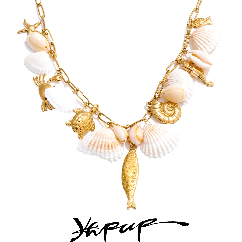 Yhpup Ozean-Stil Muschel Muschel Fisch Anhänger Charm Halskette Sommer Edelstahl Urlaub Strand tragen handgemachten Schmuck wasserdicht Image