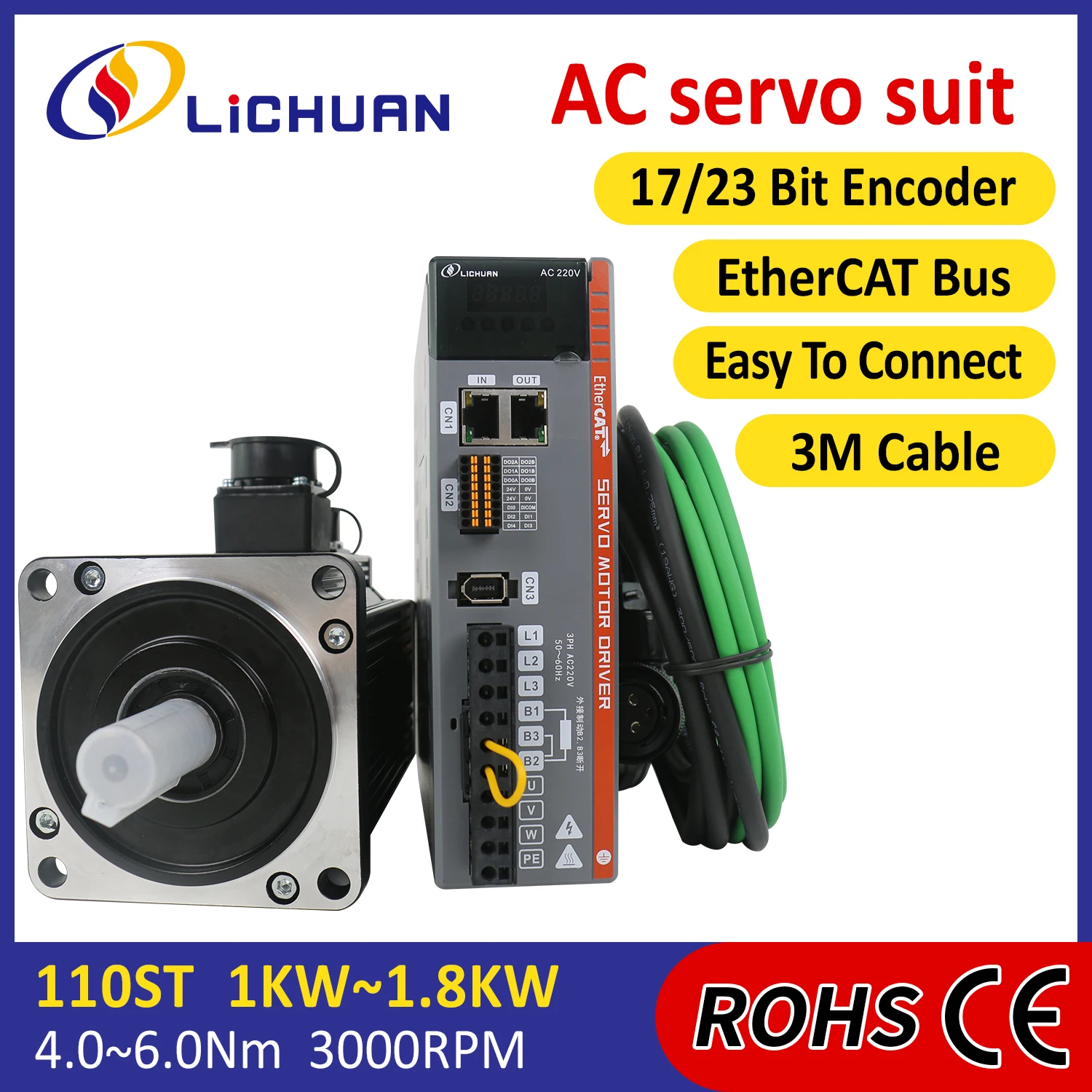 EtherCAT 220 V 5/6 A 3000 U/min 1,2 kW 1,5 kW 1,8 kW AC-Servomotor-Controller 4 Nm/5 Nm/6 Nm AC-Servomotor-Treiber-Kit für CNC/Medizin Image