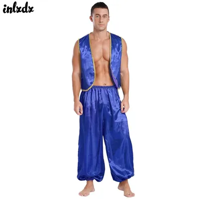 Indisches Bollywood-Set für Herren, arabischer arabischer Prinz, Goldbesatz, Satin-Set, vorne offen, Weste und Hose, Märchen, Cosplay, Bauchtanzkostüm Image