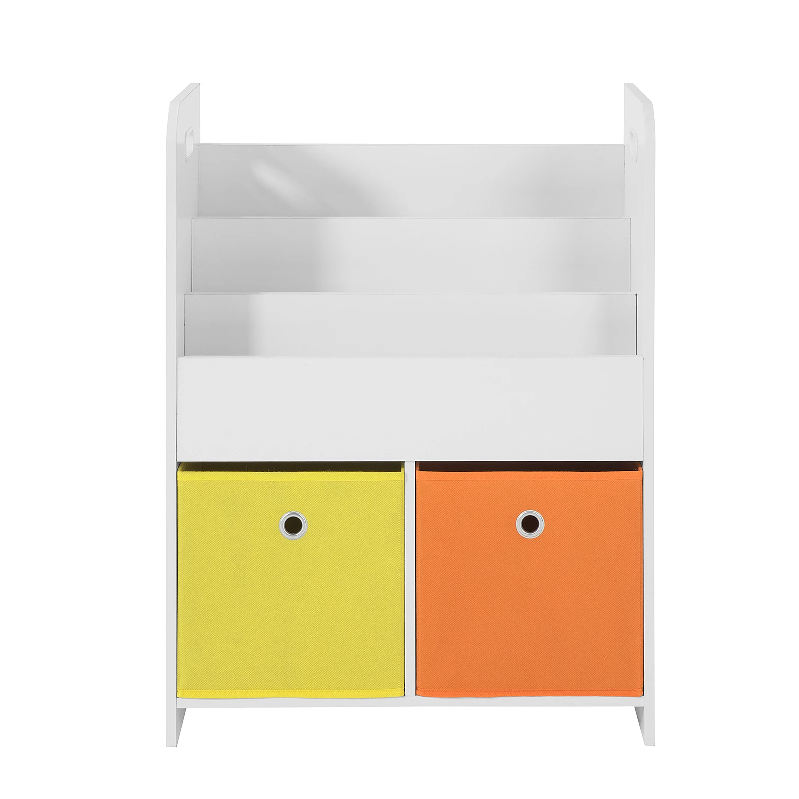 SoBuy KMB27-W Kinder Bücherregal Kinderregal mit 3 Ablagefächern und 2 Stoffboxen Spielzeugregal Aufbewahrungsregal für Kinder